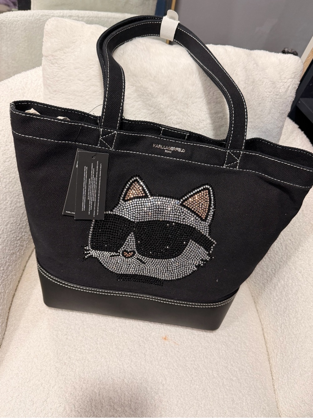 Karl Lagerfeld Black Tote with Rhinestone Cat Motif